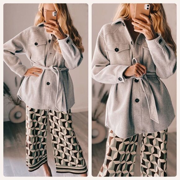 Zara Overshirt Jacket Shacket Belted New Grey